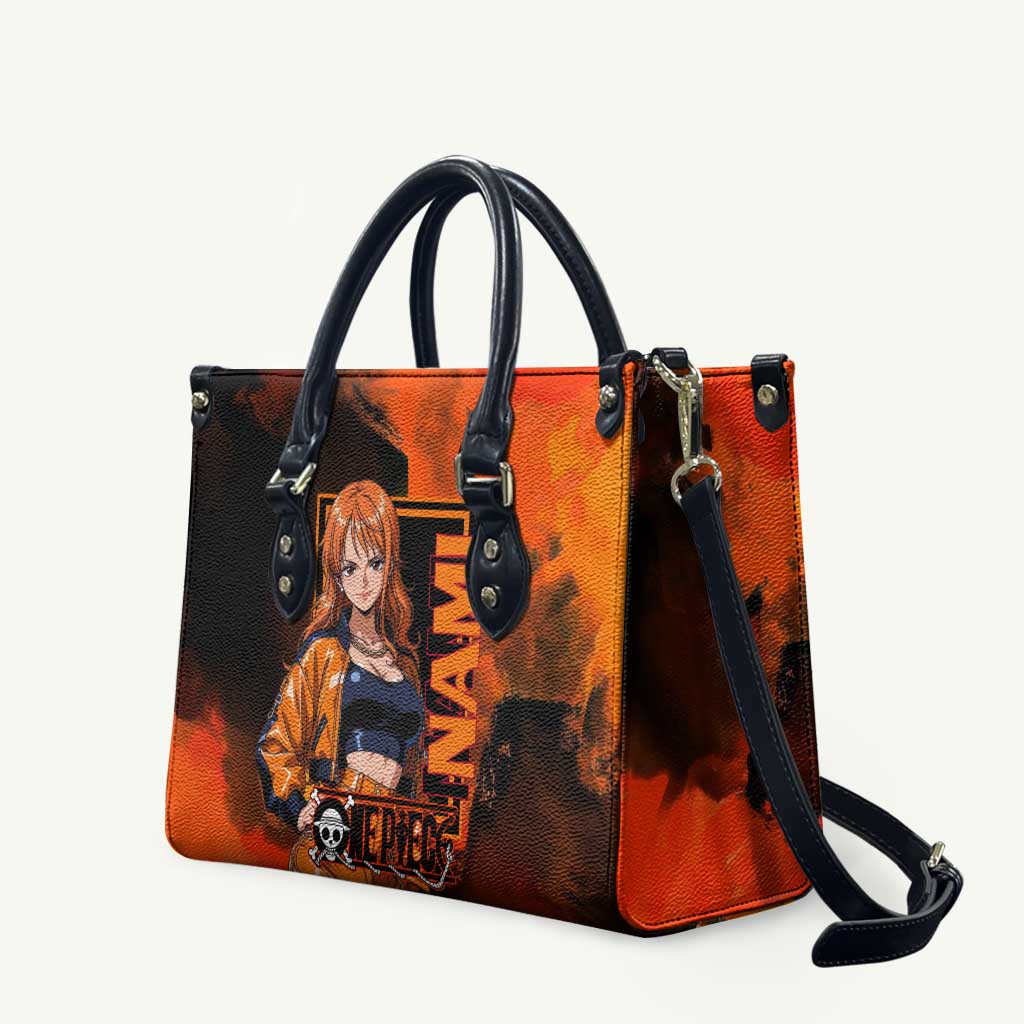 Nami One Piece Orange and Black Theme Leather Bag with Navigator Pose and Weather Staff Design - The Mazicc