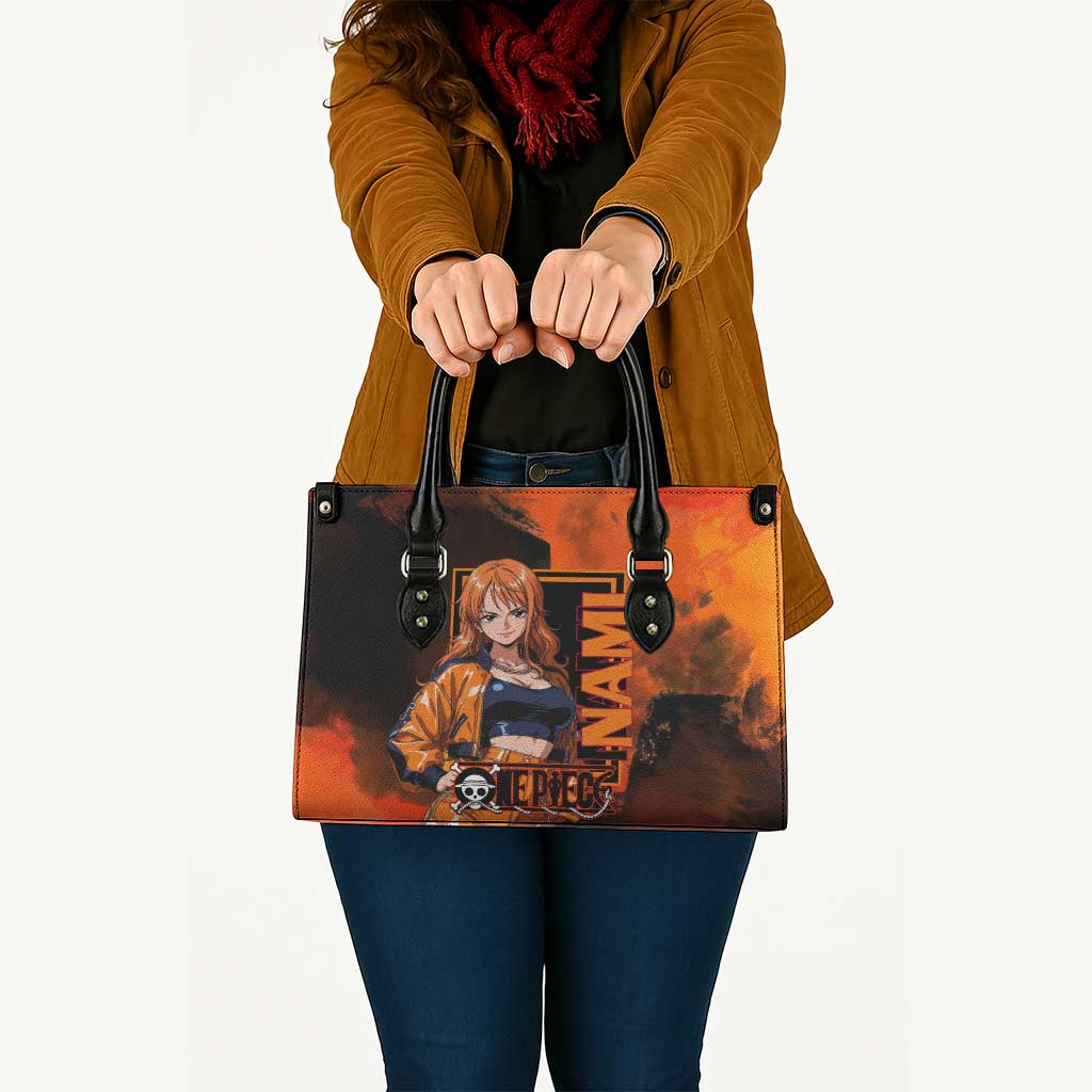 Nami One Piece Orange and Black Theme Leather Bag with Navigator Pose and Weather Staff Design - The Mazicc