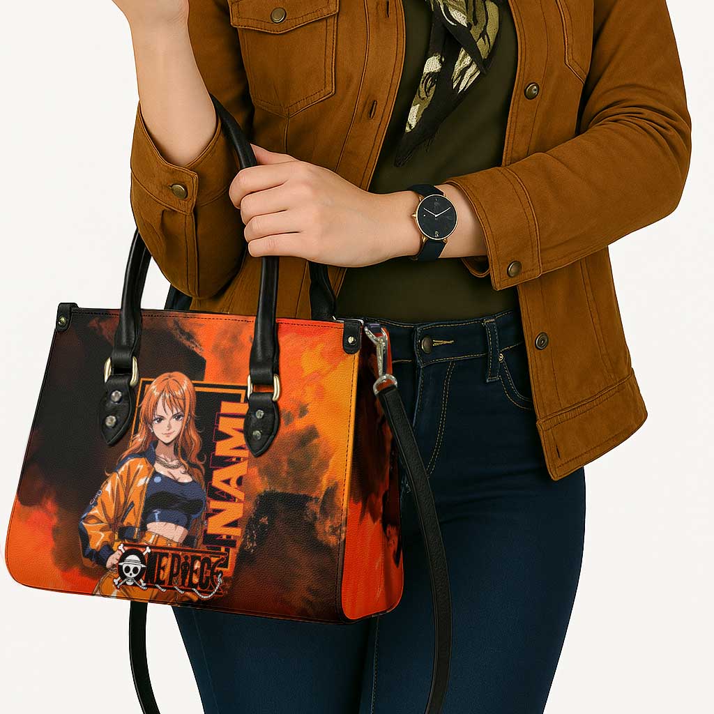 Nami One Piece Orange and Black Theme Leather Bag with Navigator Pose and Weather Staff Design - The Mazicc