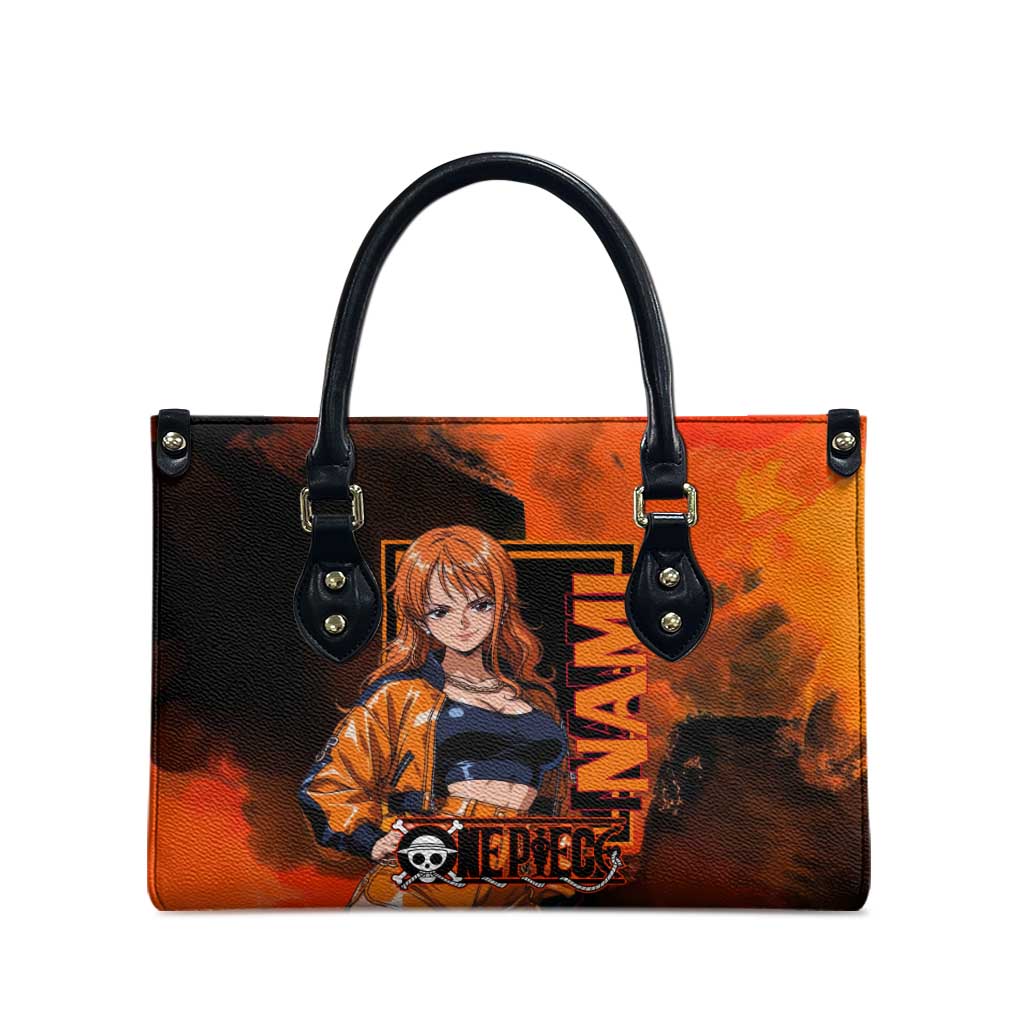 Nami One Piece Orange and Black Theme Leather Bag with Navigator Pose and Weather Staff Design - The Mazicc