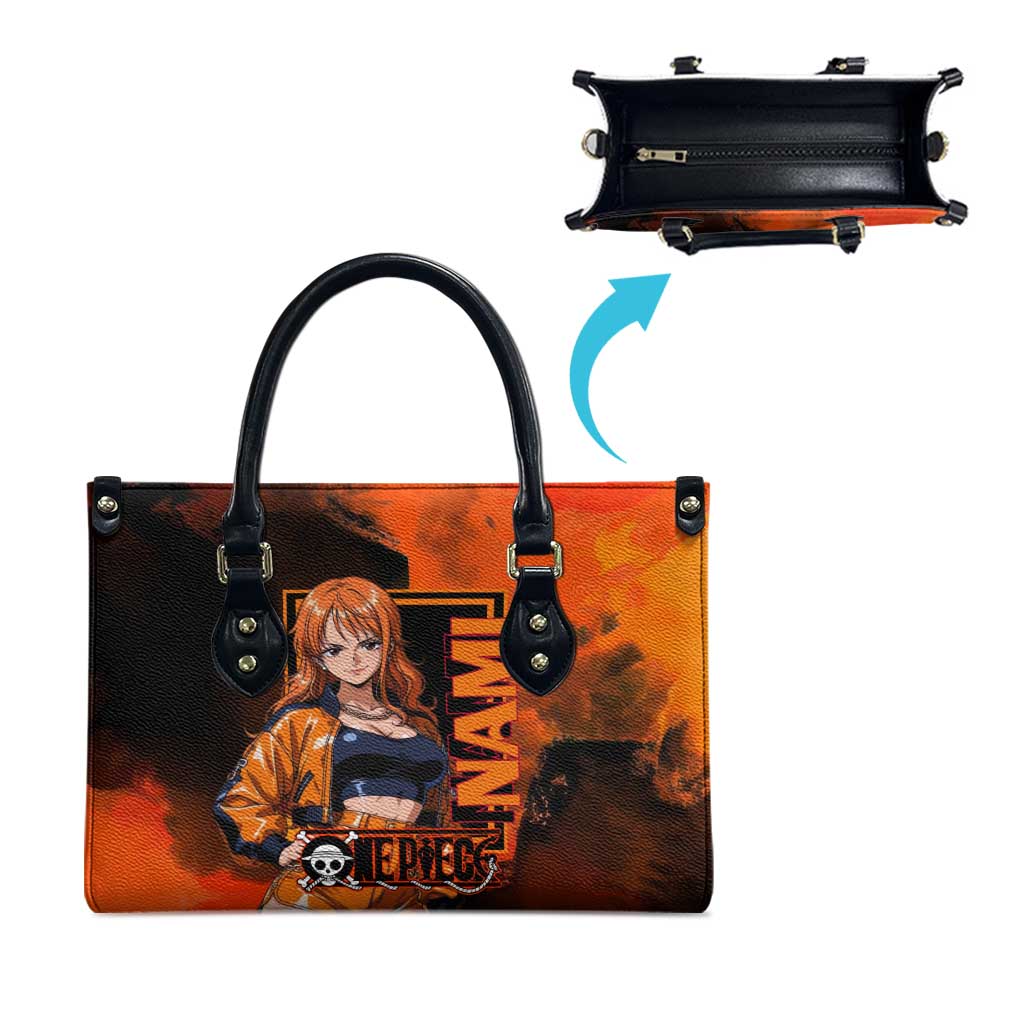 Nami One Piece Orange and Black Theme Leather Bag with Navigator Pose and Weather Staff Design - The Mazicc