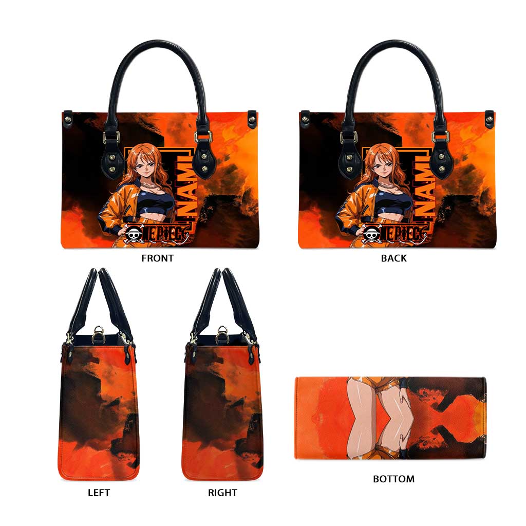 Nami One Piece Orange and Black Theme Leather Bag with Navigator Pose and Weather Staff Design - The Mazicc