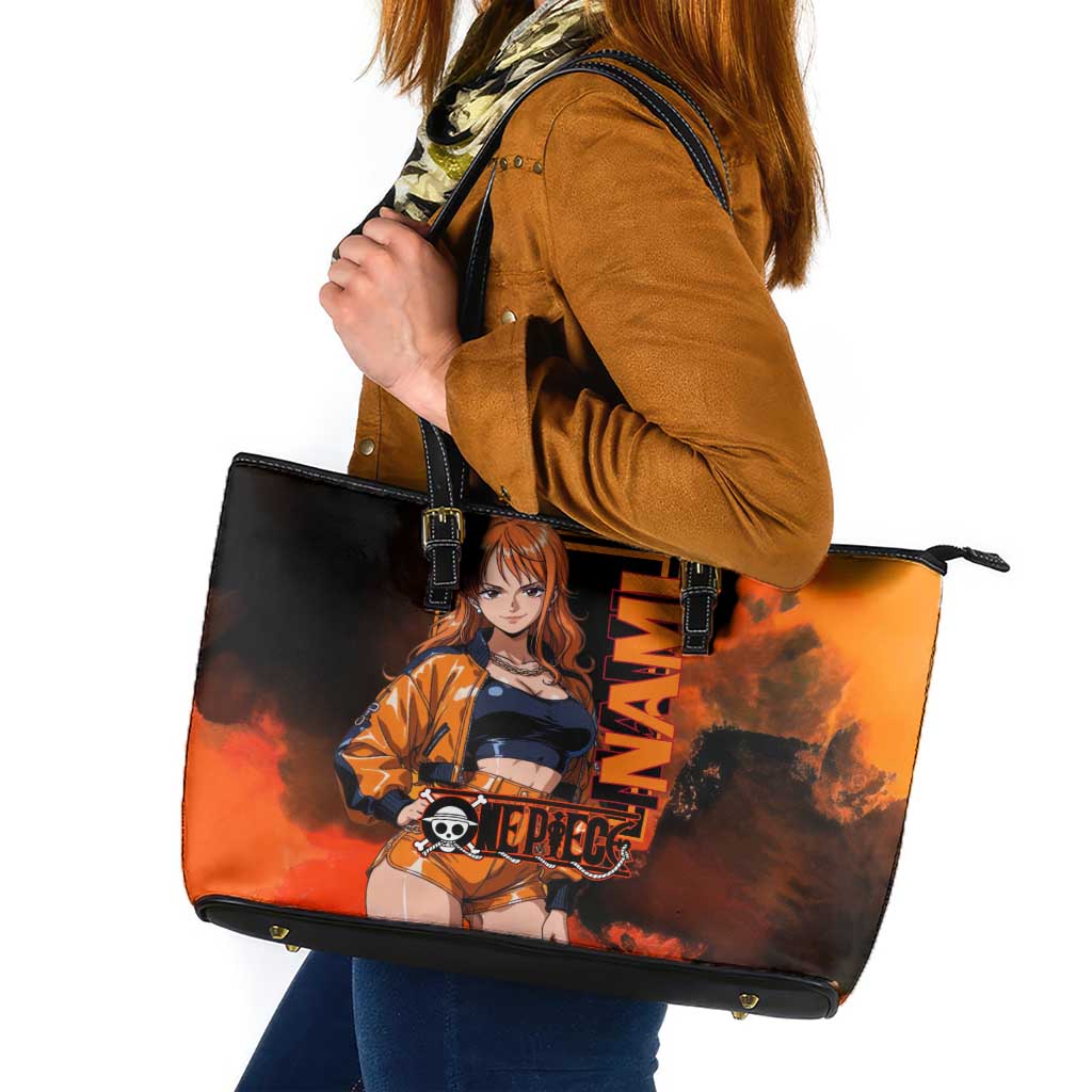 Nami One Piece Orange and Black Theme Leather Tote Bag with Navigator Pose and Weather Staff Design - The Mazicc