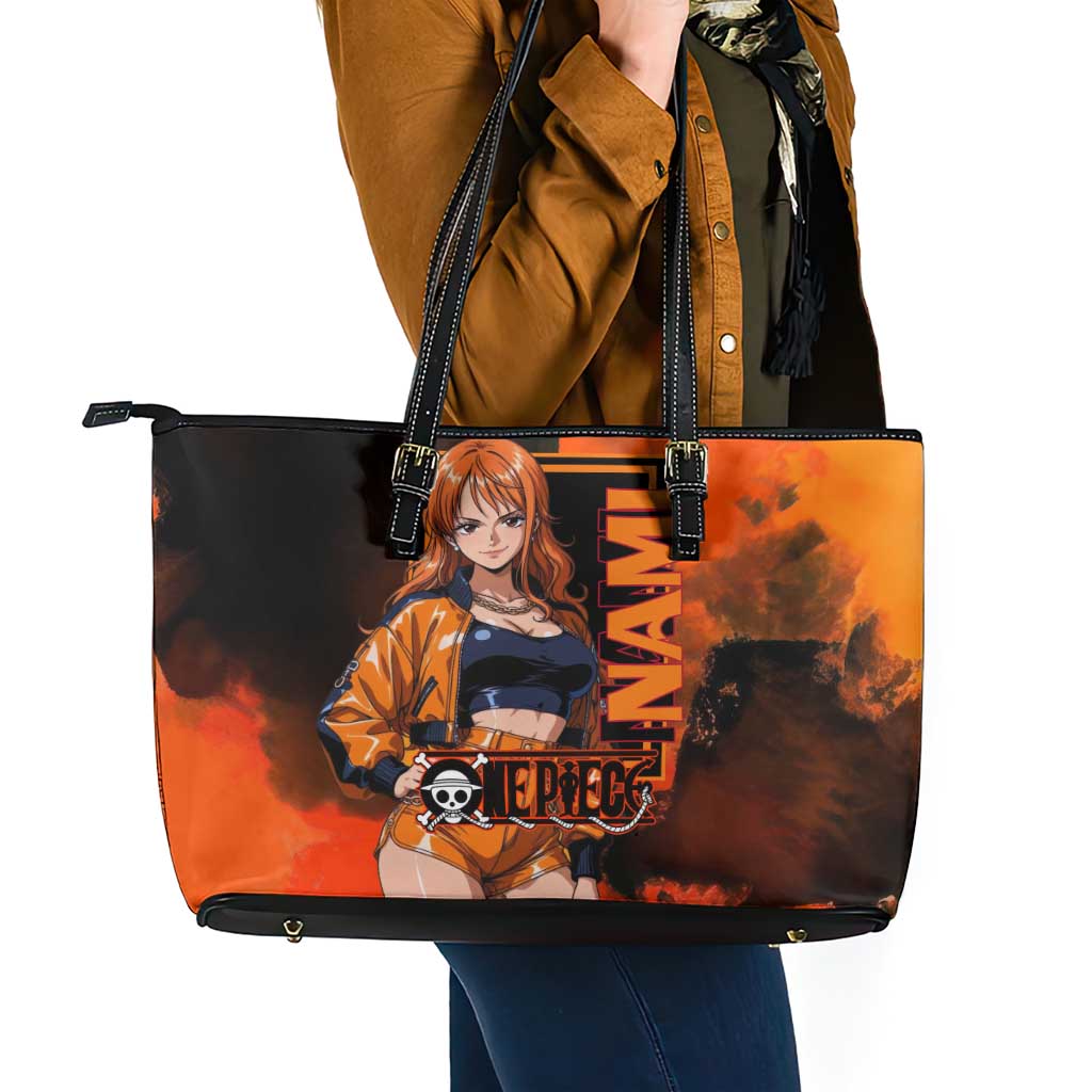 Nami One Piece Orange and Black Theme Leather Tote Bag with Navigator Pose and Weather Staff Design - The Mazicc