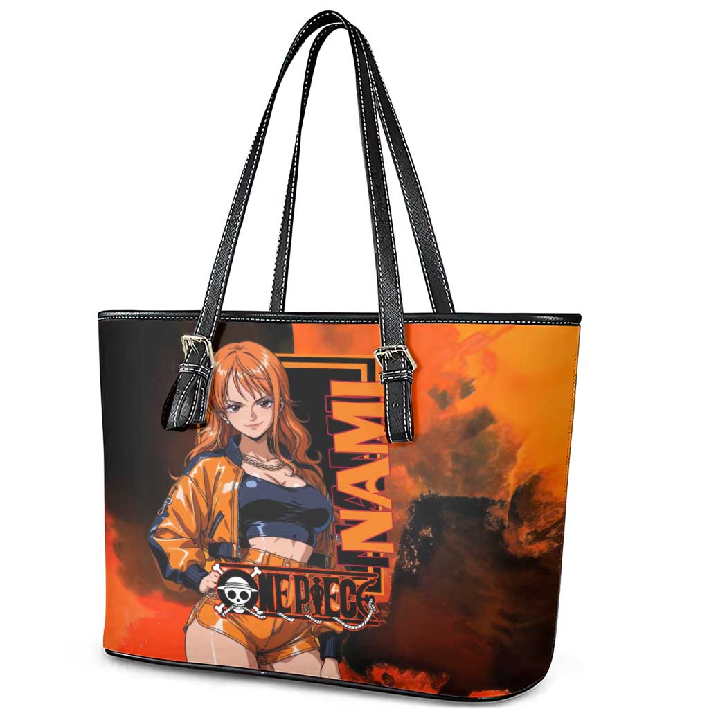 Nami One Piece Orange and Black Theme Leather Tote Bag with Navigator Pose and Weather Staff Design - The Mazicc