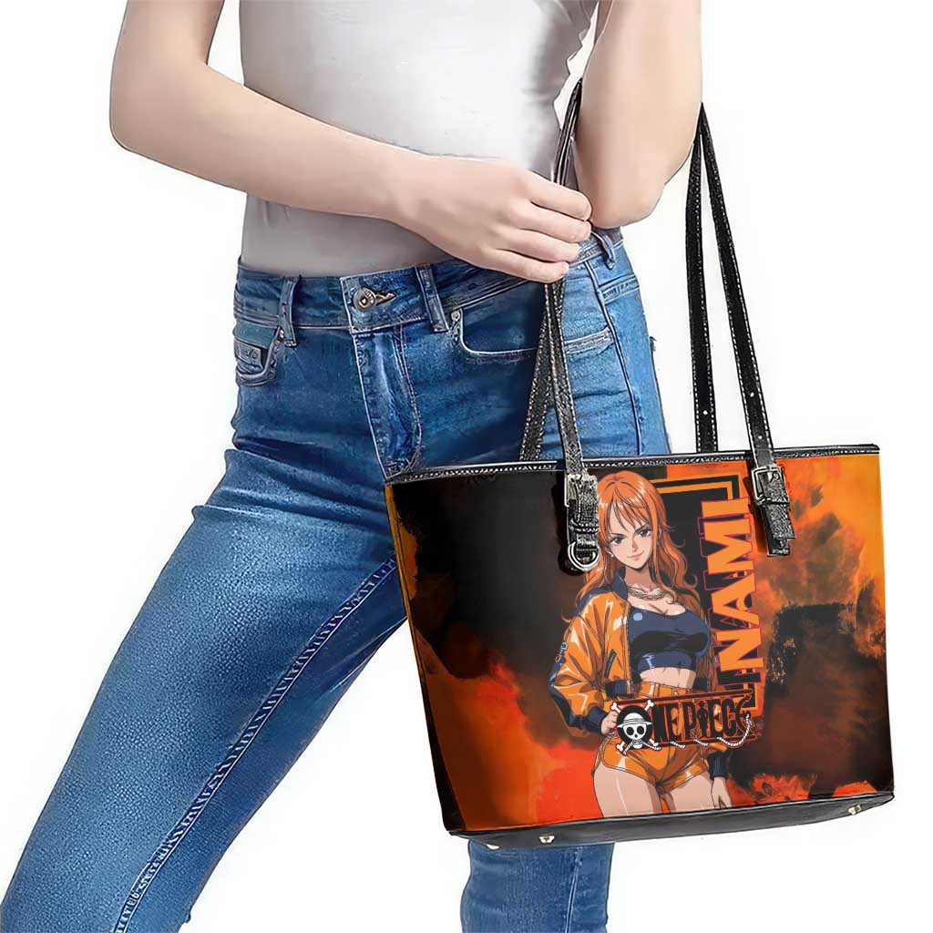 Nami One Piece Orange and Black Theme Leather Tote Bag with Navigator Pose and Weather Staff Design - The Mazicc