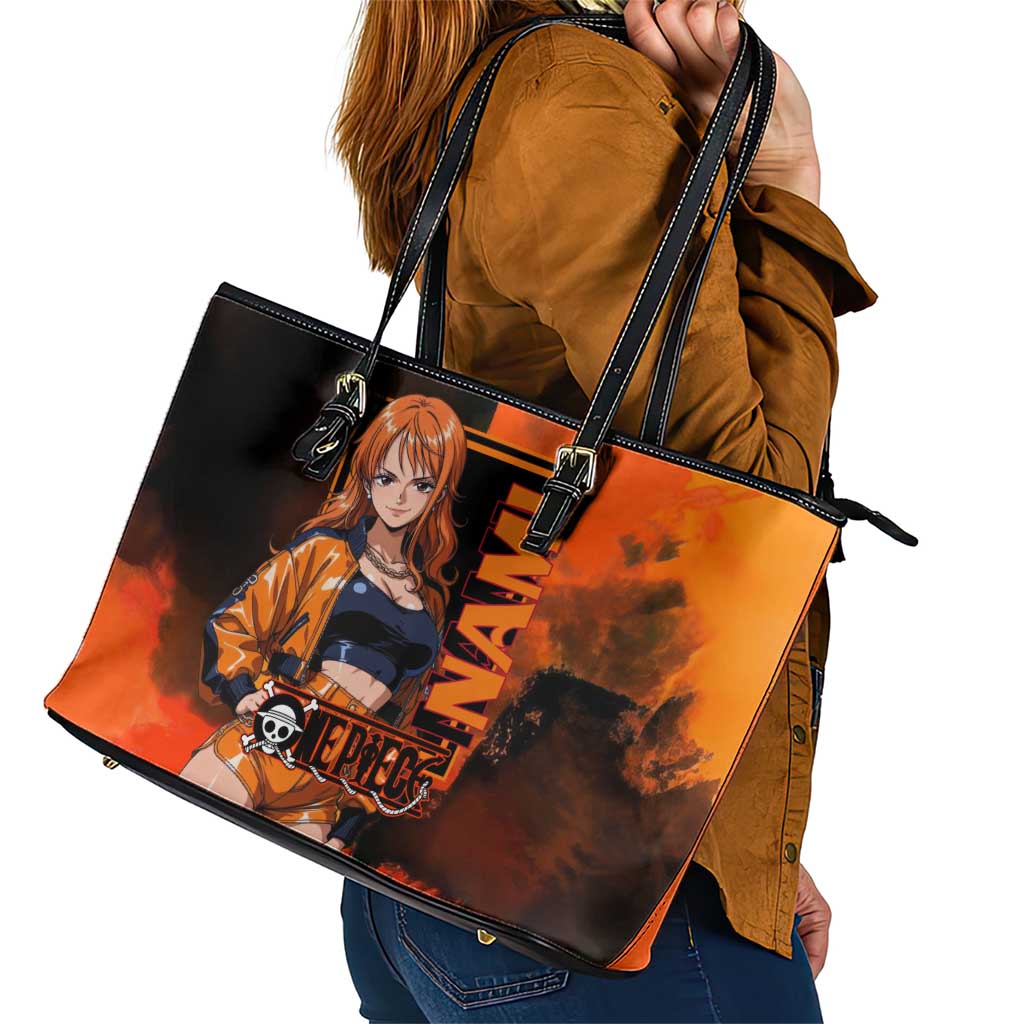 Nami One Piece Orange and Black Theme Leather Tote Bag with Navigator Pose and Weather Staff Design - The Mazicc