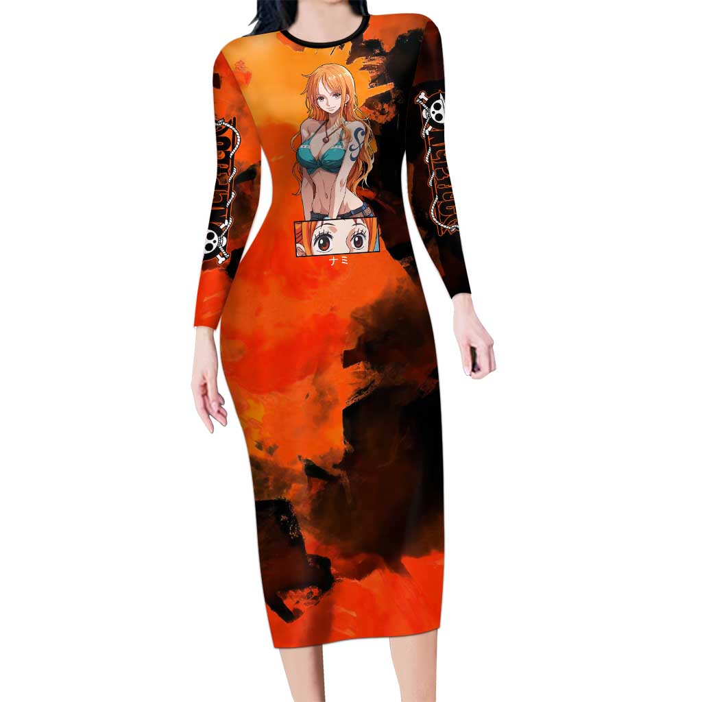 Nami One Piece Orange and Black Theme Long Sleeve Bodycon Dress with Navigator Pose and Weather Staff Design - The Mazicc