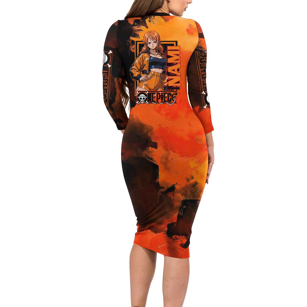Nami One Piece Orange and Black Theme Long Sleeve Bodycon Dress with Navigator Pose and Weather Staff Design - The Mazicc