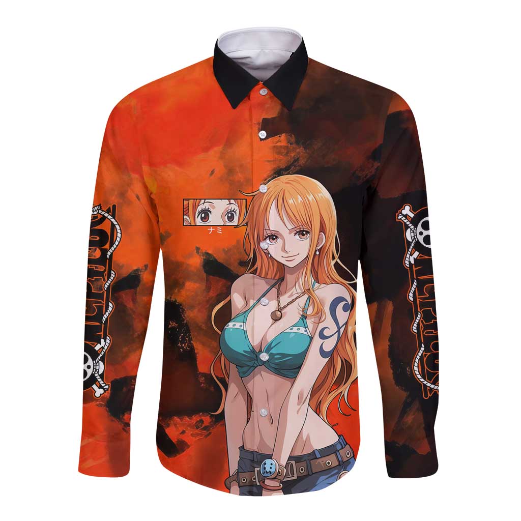 Nami One Piece Orange and Black Theme Long Sleeve Button Shirt with Navigator Pose and Weather Staff Design - The Mazicc