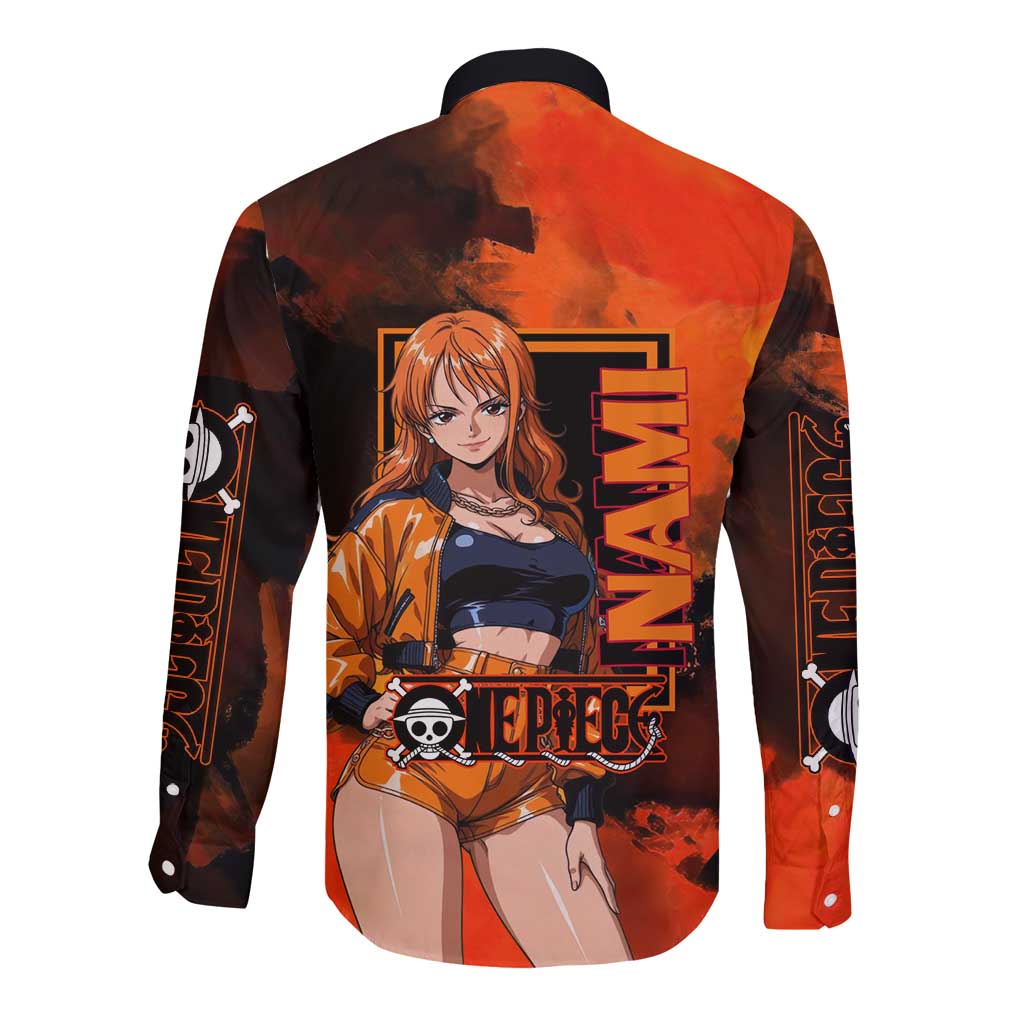 Nami One Piece Orange and Black Theme Long Sleeve Button Shirt with Navigator Pose and Weather Staff Design - The Mazicc