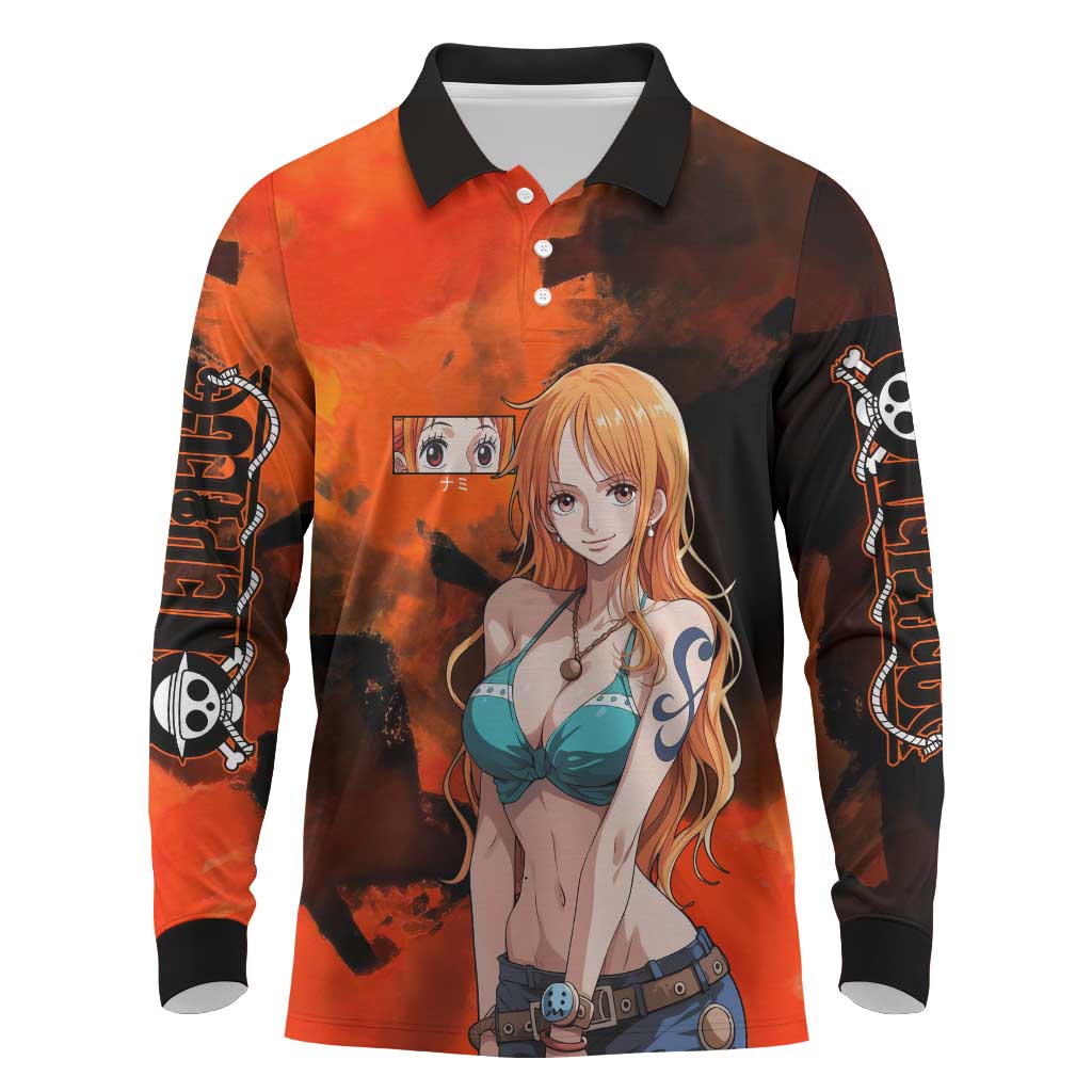 Nami One Piece Orange and Black Theme Long Sleeve Polo Shirt with Navigator Pose and Weather Staff Design - The Mazicc