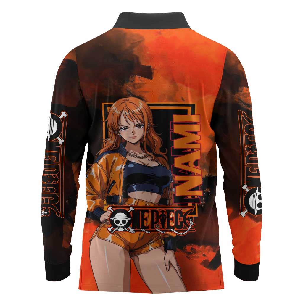 Nami One Piece Orange and Black Theme Long Sleeve Polo Shirt with Navigator Pose and Weather Staff Design - The Mazicc