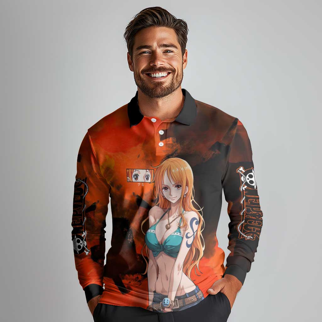 Nami One Piece Orange and Black Theme Long Sleeve Polo Shirt with Navigator Pose and Weather Staff Design - The Mazicc