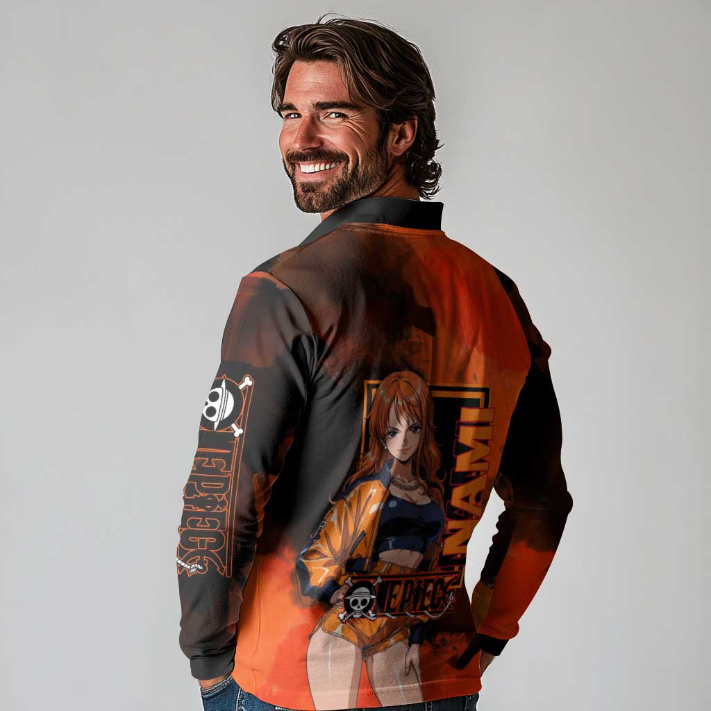 Nami One Piece Orange and Black Theme Long Sleeve Polo Shirt with Navigator Pose and Weather Staff Design - The Mazicc