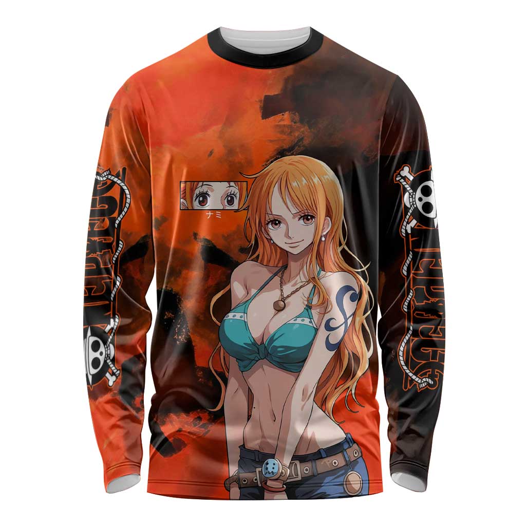 Nami One Piece Orange and Black Theme Long Sleeve Shirt with Navigator Pose and Weather Staff Design - The Mazicc