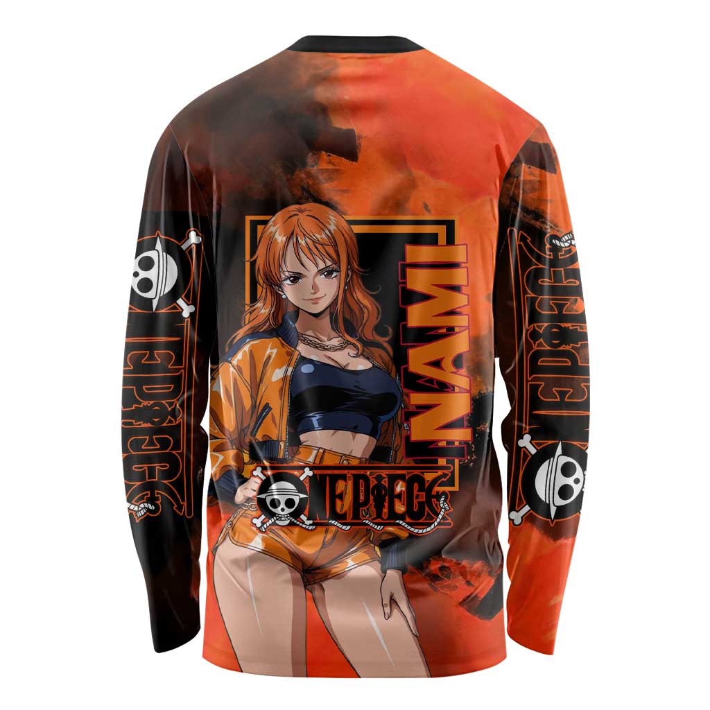 Nami One Piece Orange and Black Theme Long Sleeve Shirt with Navigator Pose and Weather Staff Design - The Mazicc