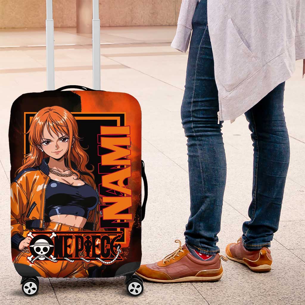 Nami One Piece Orange and Black Theme Luggage Cover with Navigator Pose and Weather Staff Design - The Mazicc