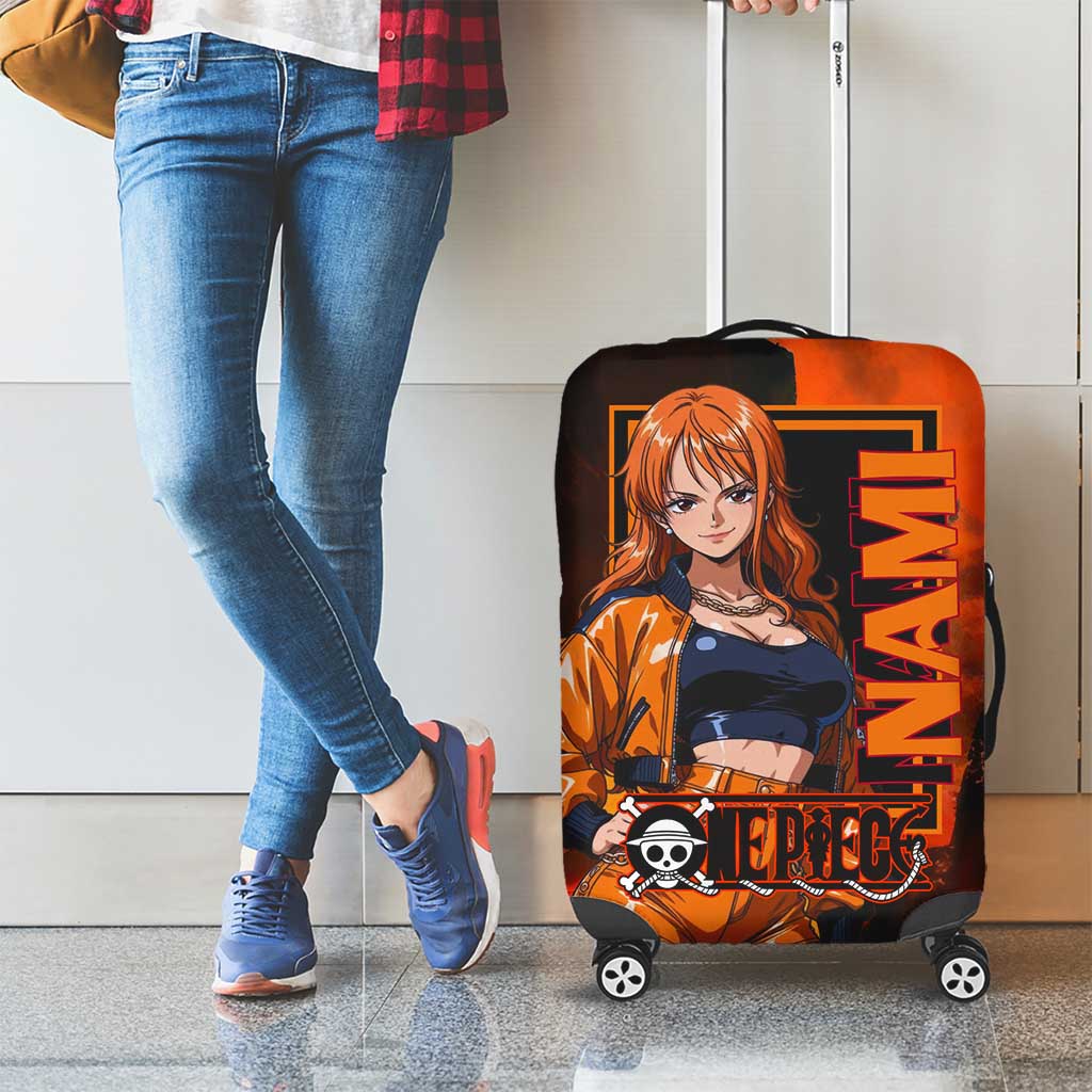 Nami One Piece Orange and Black Theme Luggage Cover with Navigator Pose and Weather Staff Design - The Mazicc