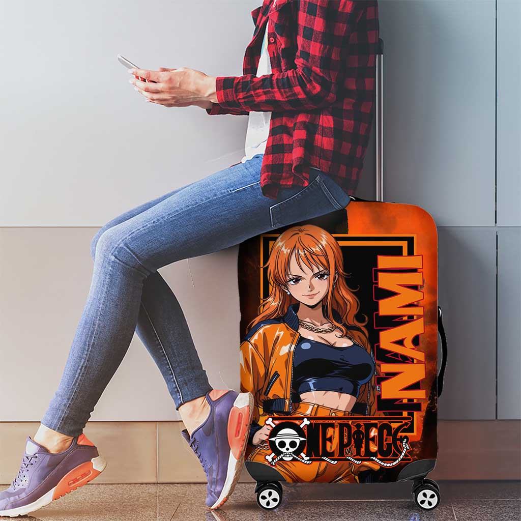 Nami One Piece Orange and Black Theme Luggage Cover with Navigator Pose and Weather Staff Design - The Mazicc