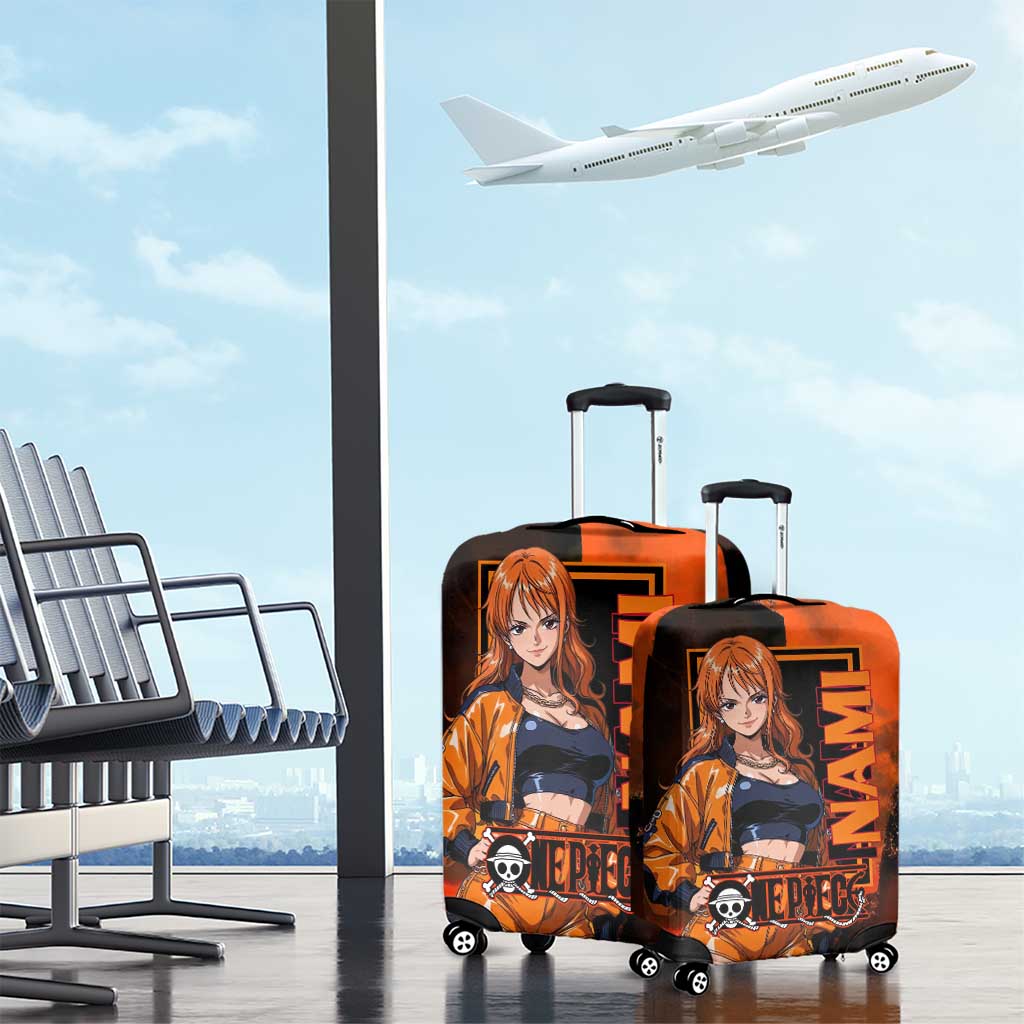 Nami One Piece Orange and Black Theme Luggage Cover with Navigator Pose and Weather Staff Design - The Mazicc