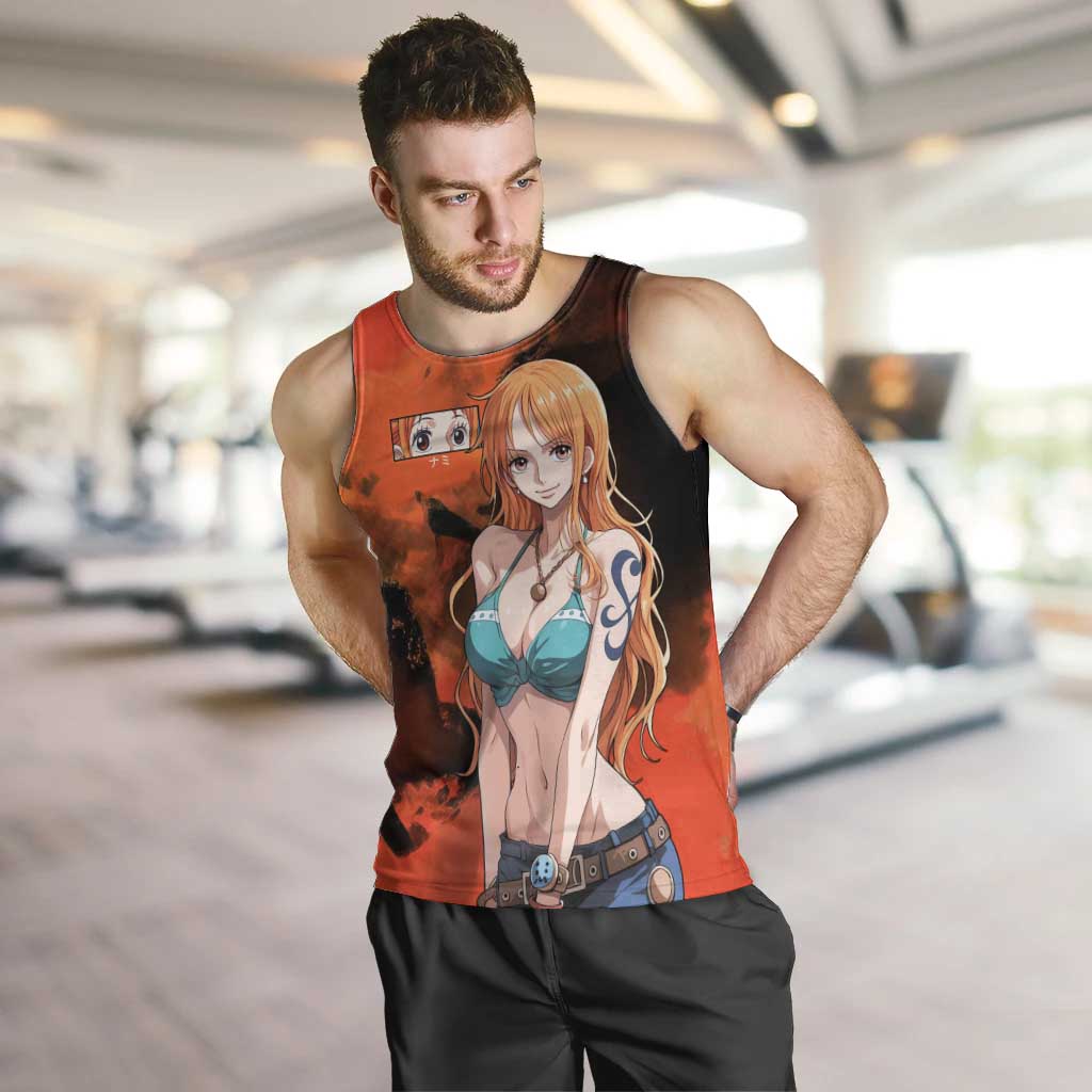 Nami One Piece Orange and Black Theme Men Tank Top with Navigator Pose and Weather Staff Design - The Mazicc