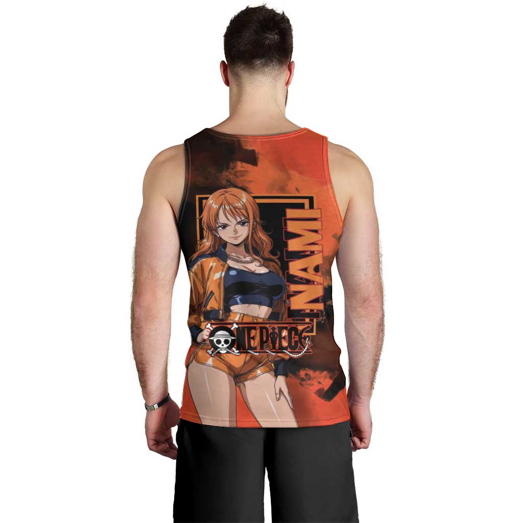 Nami One Piece Orange and Black Theme Men Tank Top with Navigator Pose and Weather Staff Design - The Mazicc