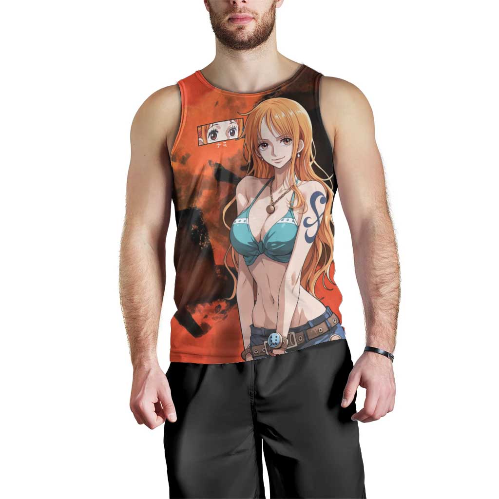 Nami One Piece Orange and Black Theme Men Tank Top with Navigator Pose and Weather Staff Design - The Mazicc