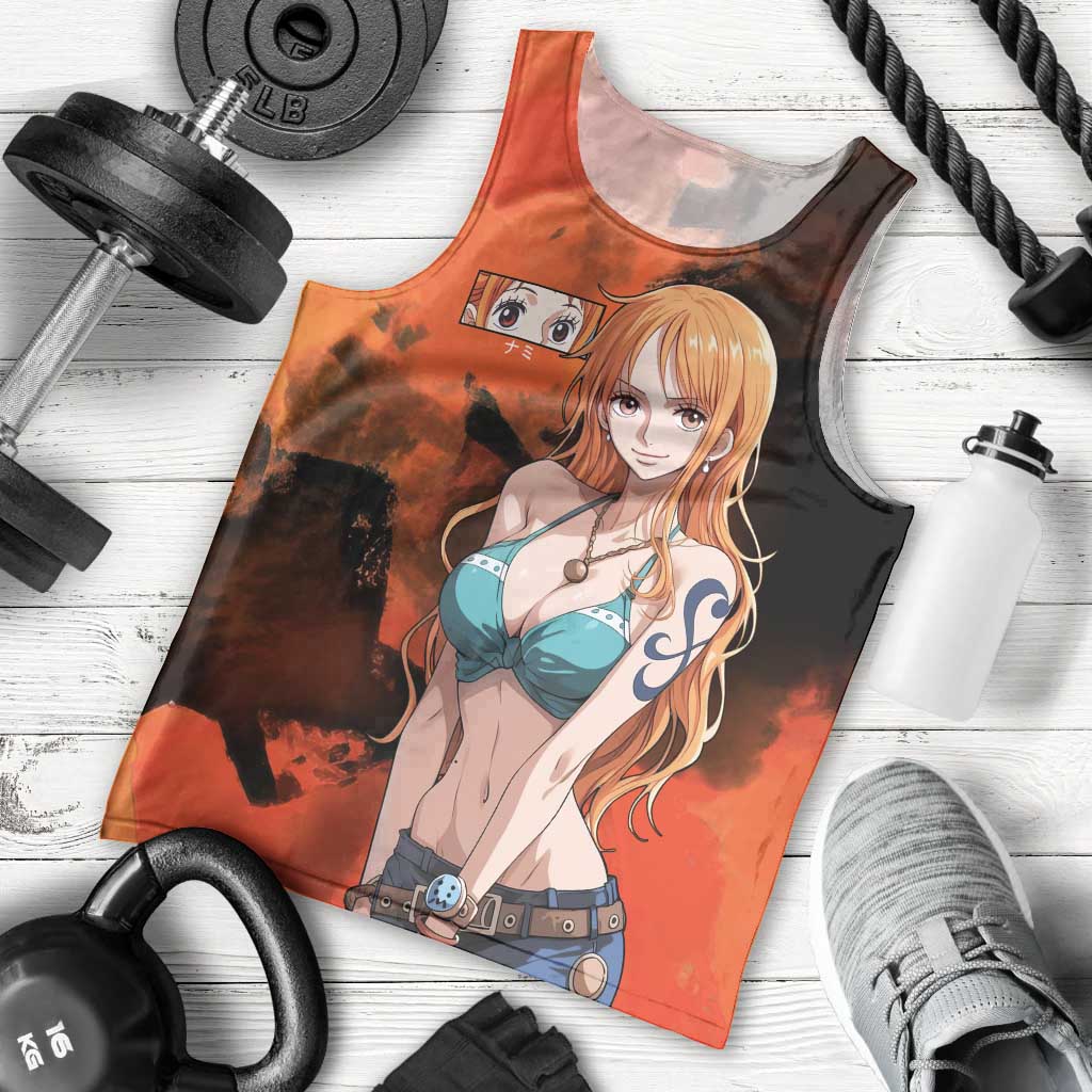 Nami One Piece Orange and Black Theme Men Tank Top with Navigator Pose and Weather Staff Design - The Mazicc