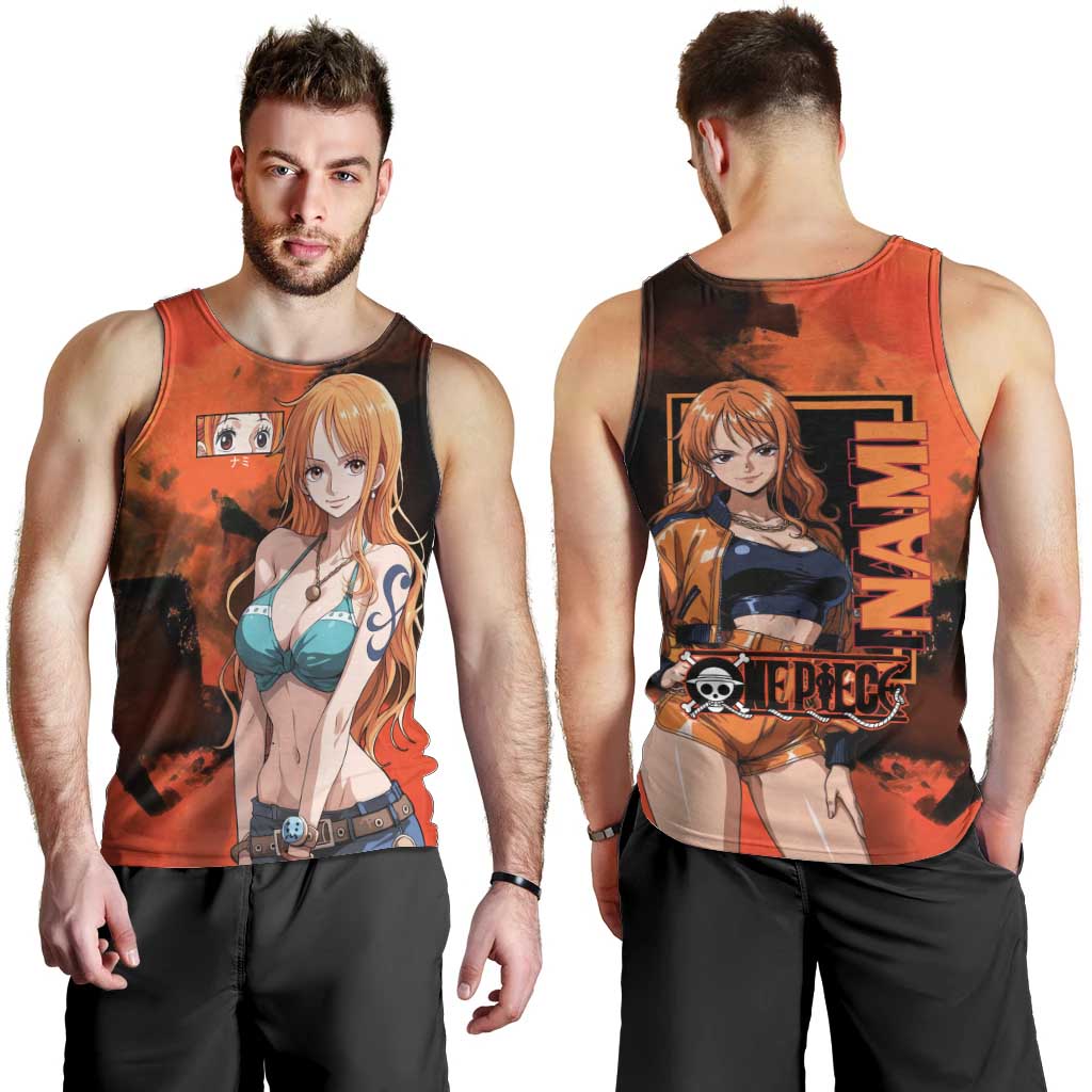 Nami One Piece Orange and Black Theme Men Tank Top with Navigator Pose and Weather Staff Design - The Mazicc