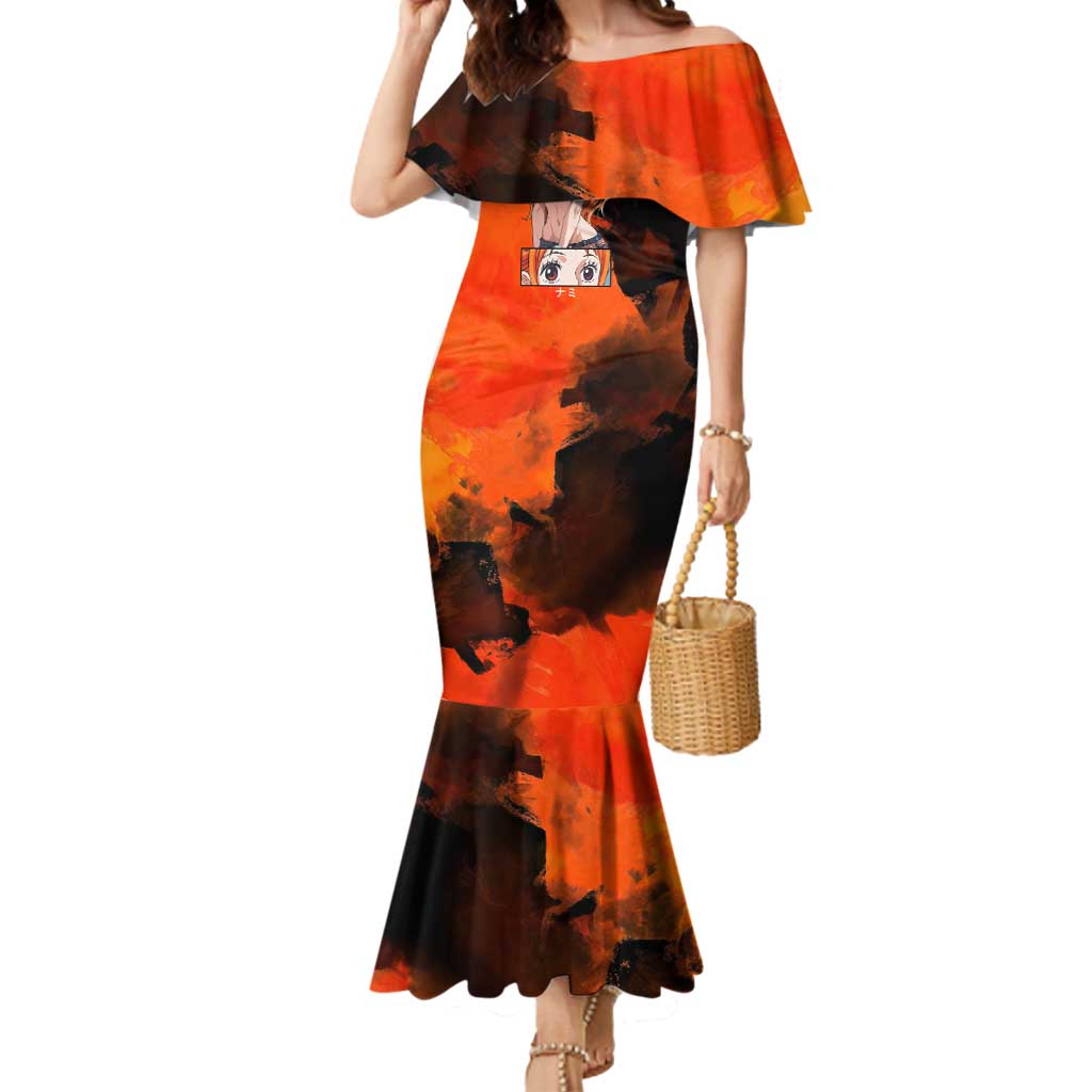 Nami One Piece Orange and Black Theme Mermaid Dress with Navigator Pose and Weather Staff Design - The Mazicc