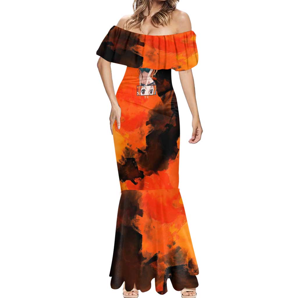 Nami One Piece Orange and Black Theme Mermaid Dress with Navigator Pose and Weather Staff Design - The Mazicc