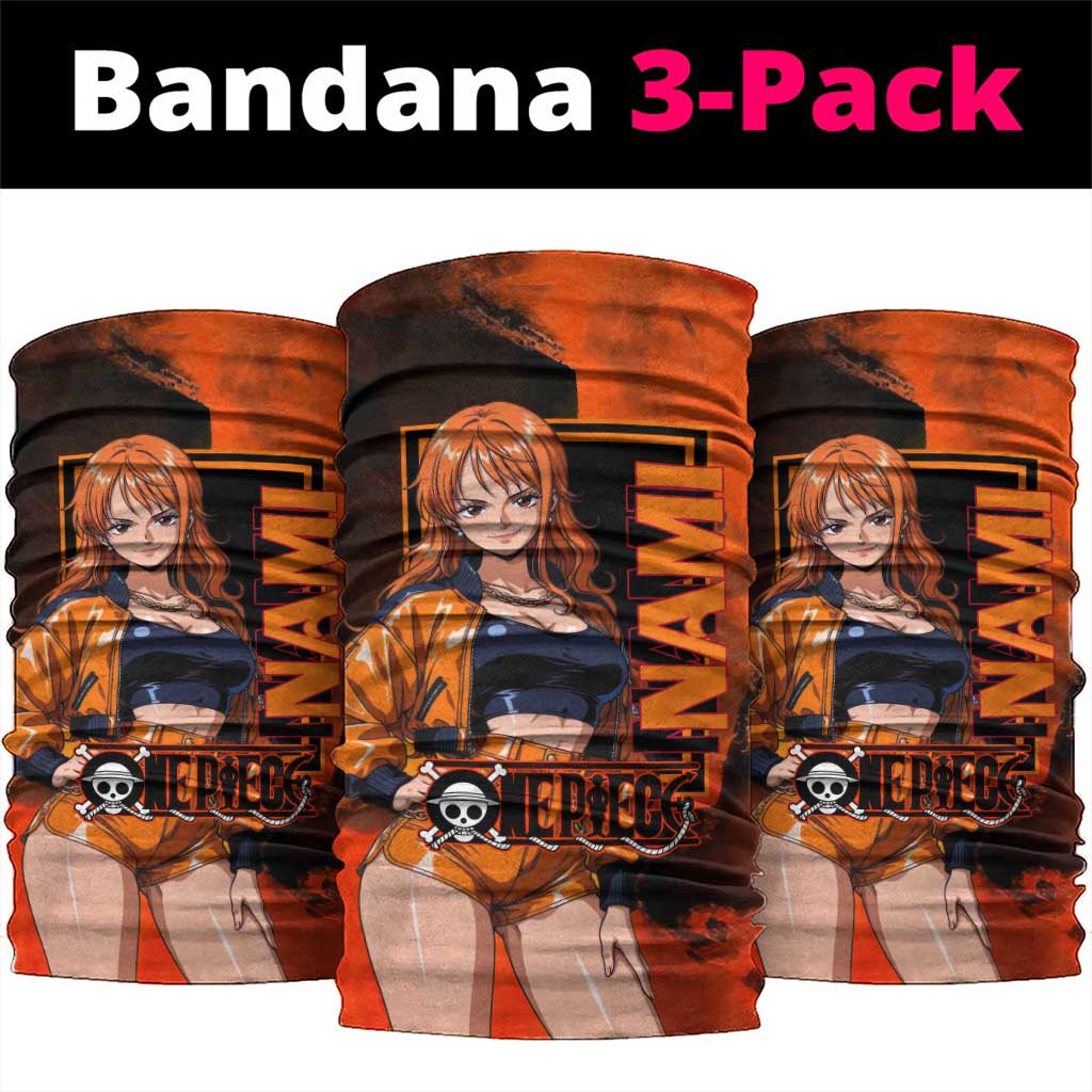 Nami One Piece Orange and Black Theme Neck Gaiter with Navigator Pose and Weather Staff Design - The Mazicc
