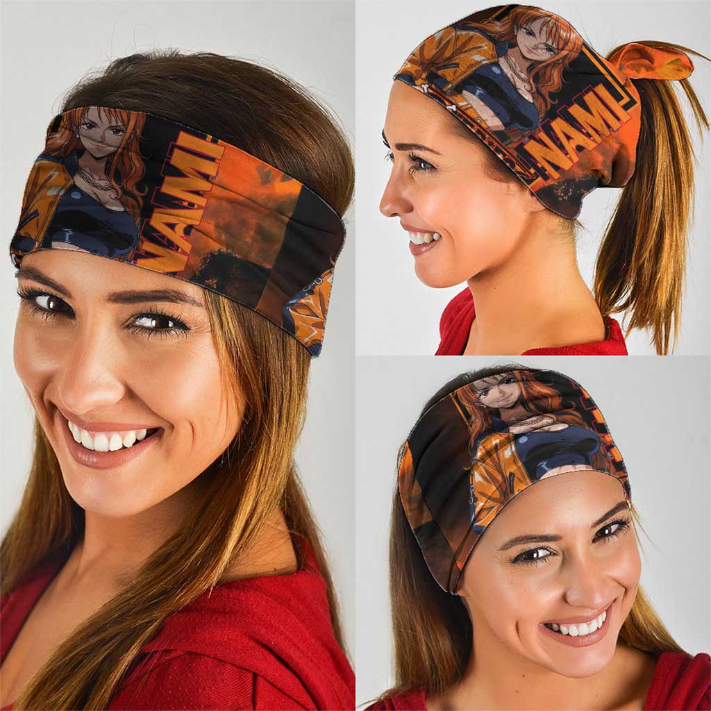 Nami One Piece Orange and Black Theme Neck Gaiter with Navigator Pose and Weather Staff Design - The Mazicc