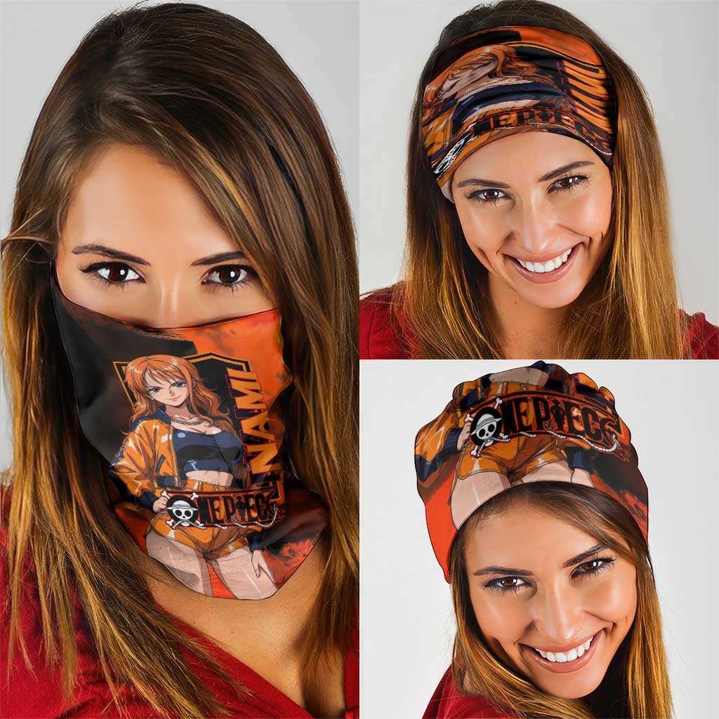 Nami One Piece Orange and Black Theme Neck Gaiter with Navigator Pose and Weather Staff Design - The Mazicc