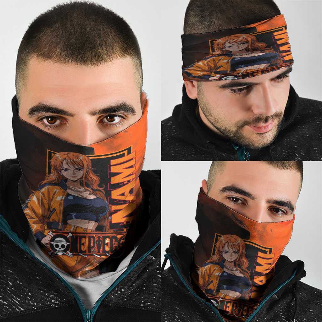 Nami One Piece Orange and Black Theme Neck Gaiter with Navigator Pose and Weather Staff Design - The Mazicc