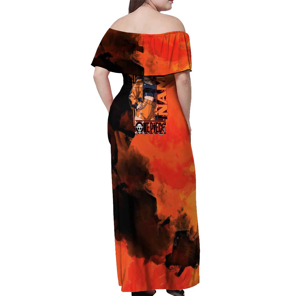 Nami One Piece Orange and Black Theme Off Shoulder Maxi Dress with Navigator Pose and Weather Staff Design - The Mazicc