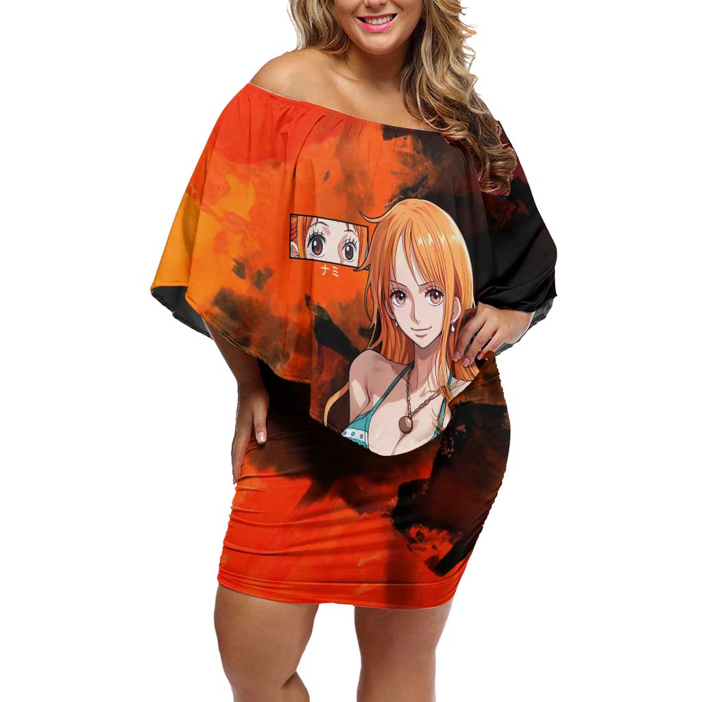 Nami One Piece Orange and Black Theme Off Shoulder Short Dress with Navigator Pose and Weather Staff Design - The Mazicc