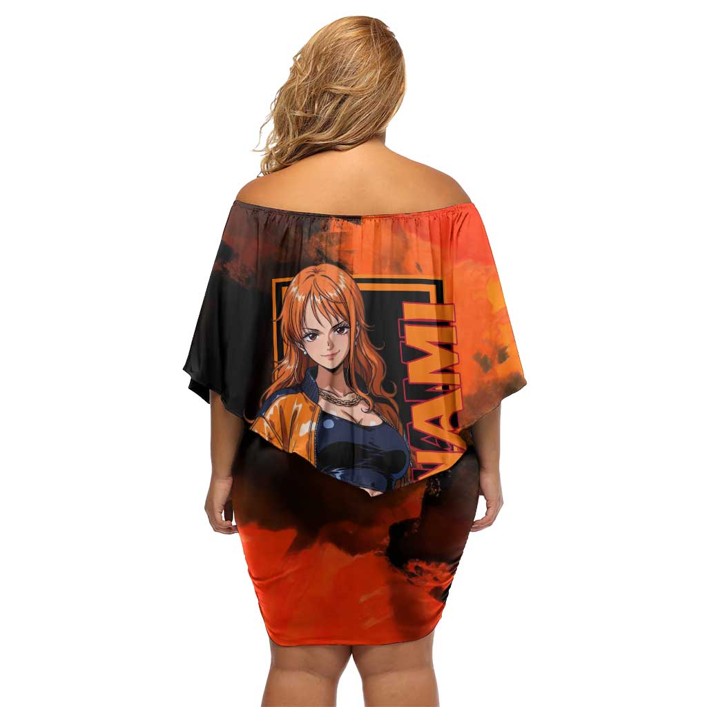 Nami One Piece Orange and Black Theme Off Shoulder Short Dress with Navigator Pose and Weather Staff Design - The Mazicc