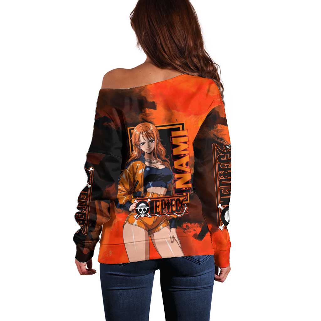 Nami One Piece Orange and Black Theme Off Shoulder Sweater with Navigator Pose and Weather Staff Design - The Mazicc