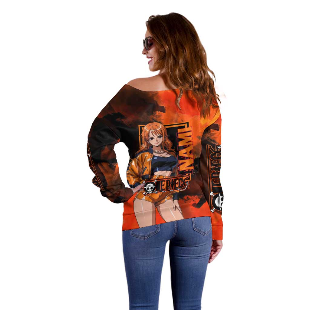 Nami One Piece Orange and Black Theme Off Shoulder Sweater with Navigator Pose and Weather Staff Design - The Mazicc