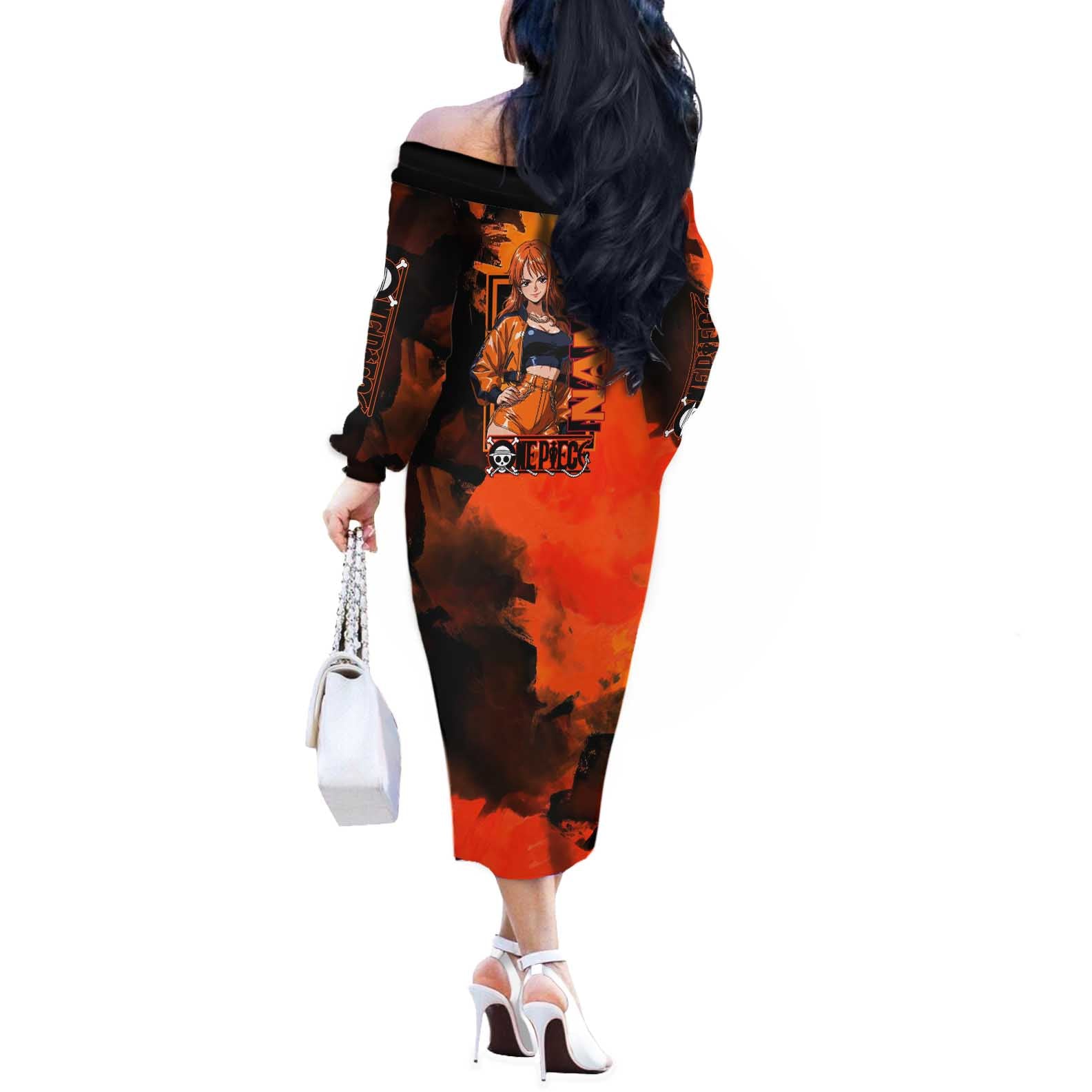 Nami One Piece Orange and Black Theme Off The Shoulder Long Sleeve Dress with Navigator Pose and Weather Staff Design - The Mazicc