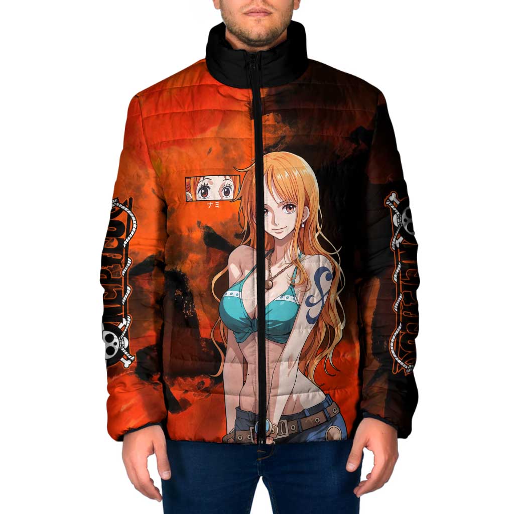 Nami One Piece Orange and Black Theme Padded Jacket with Navigator Pose and Weather Staff Design - The Mazicc