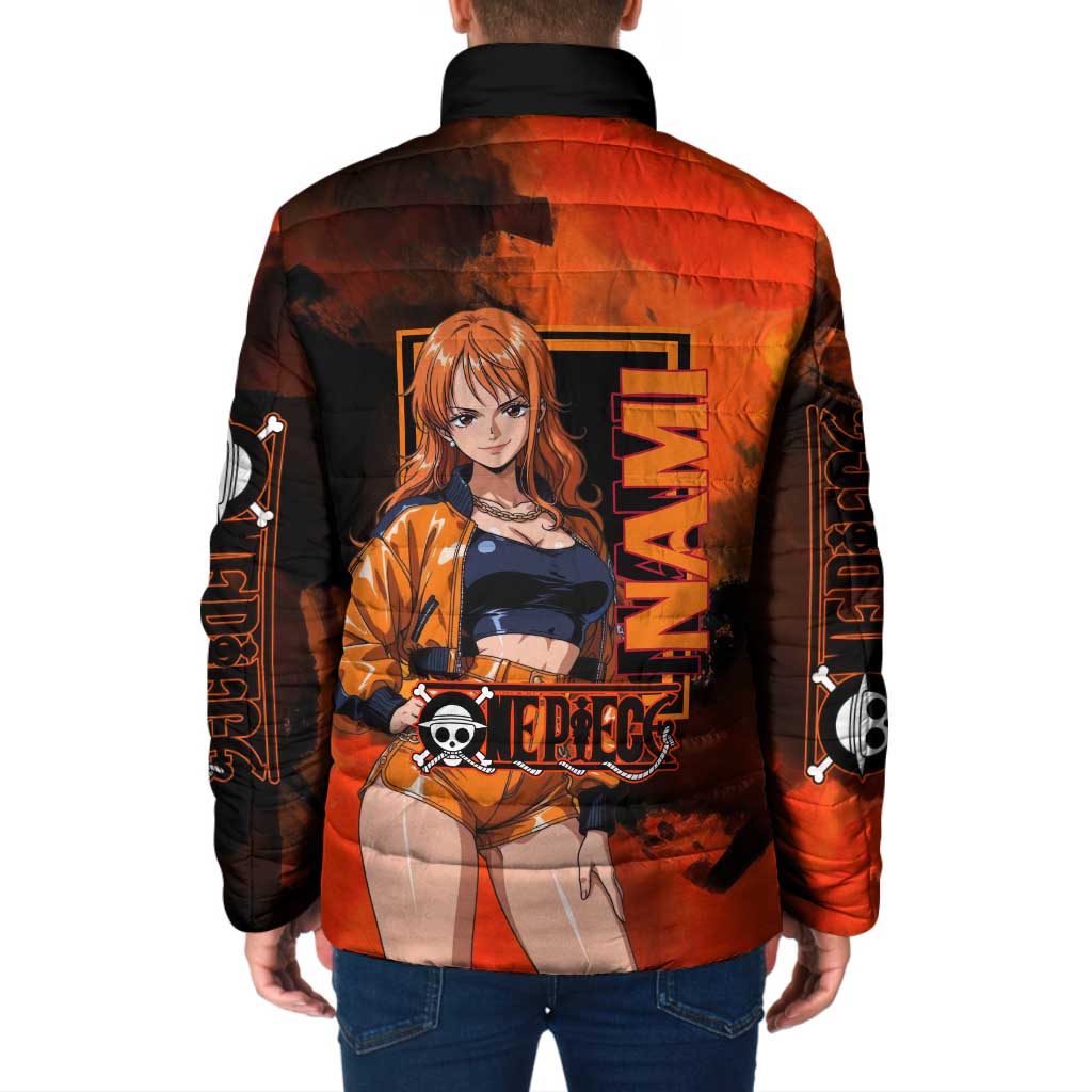 Nami One Piece Orange and Black Theme Padded Jacket with Navigator Pose and Weather Staff Design - The Mazicc