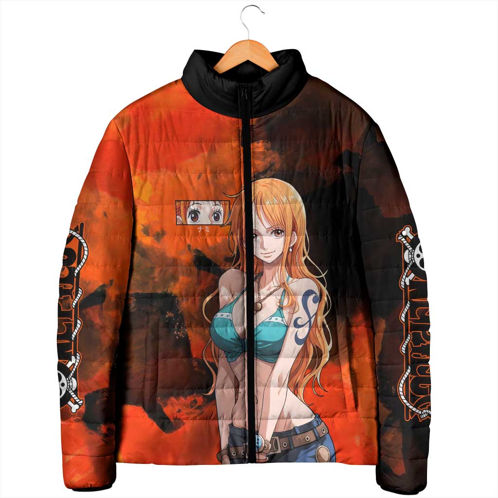 Nami One Piece Orange and Black Theme Padded Jacket with Navigator Pose and Weather Staff Design - The Mazicc