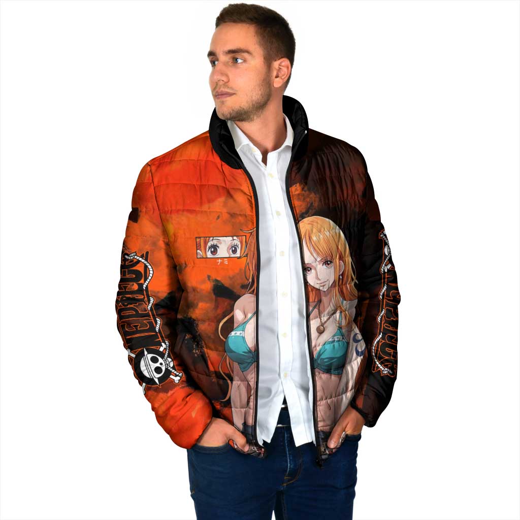 Nami One Piece Orange and Black Theme Padded Jacket with Navigator Pose and Weather Staff Design - The Mazicc