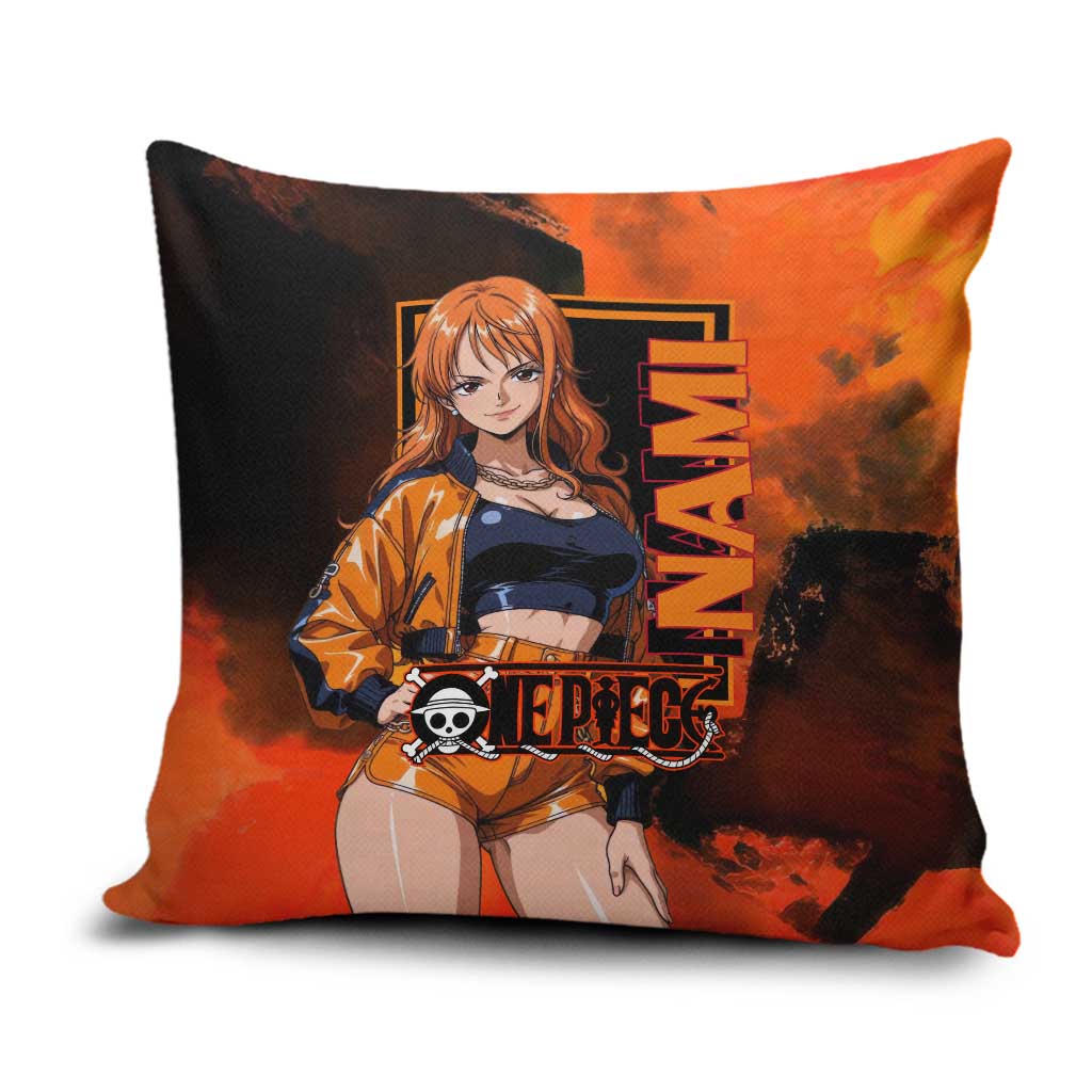 Nami One Piece Orange and Black Theme Pillow Cover with Navigator Pose and Weather Staff Design - The Mazicc