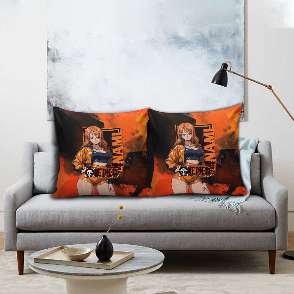 Nami One Piece Orange and Black Theme Pillow Cover with Navigator Pose and Weather Staff Design - The Mazicc