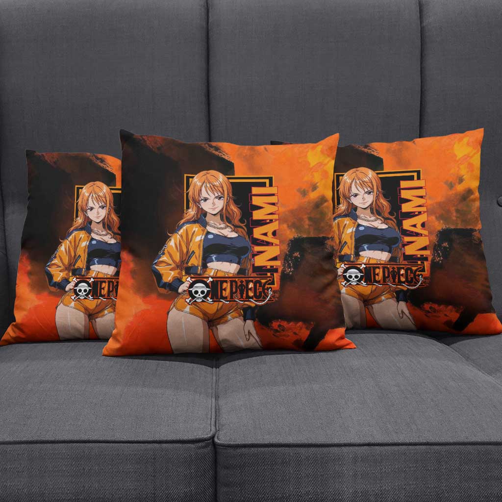 Nami One Piece Orange and Black Theme Pillow Cover with Navigator Pose and Weather Staff Design - The Mazicc