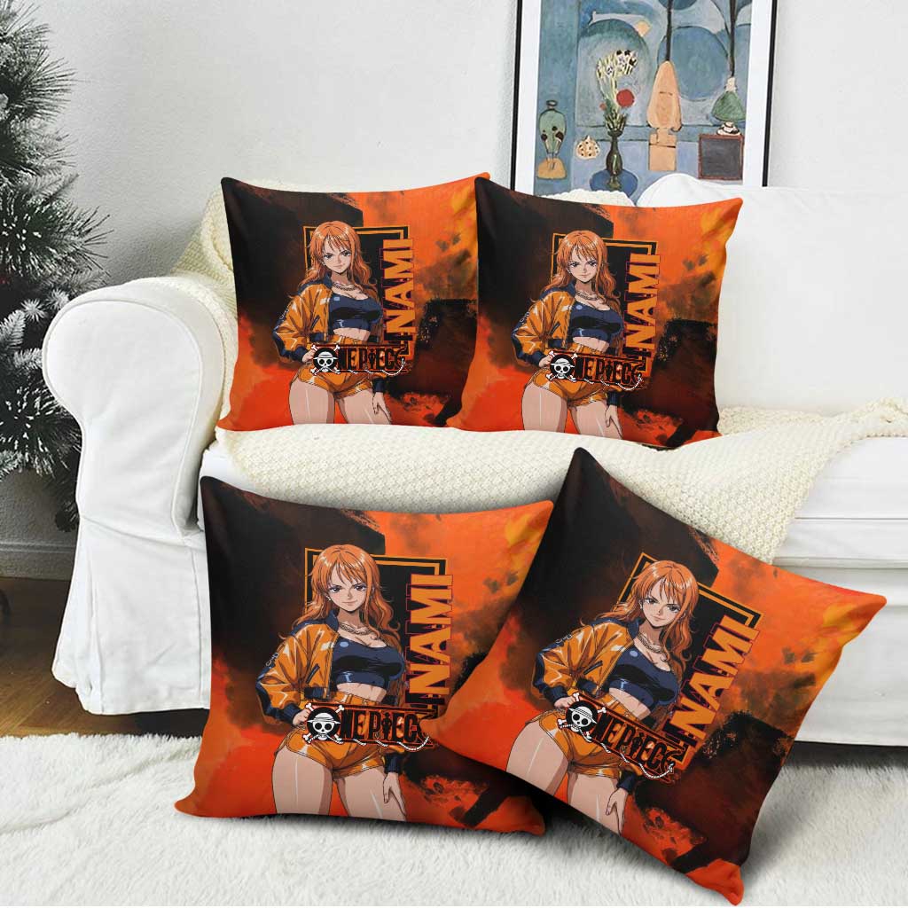 Nami One Piece Orange and Black Theme Pillow Cover with Navigator Pose and Weather Staff Design - The Mazicc